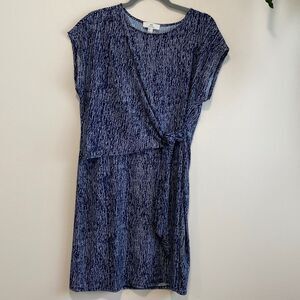 H Halston Blue Faux Wrap Abstract Print Midi Dress